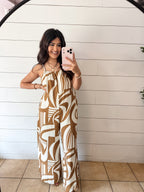 Woven print mocha jumpsuit