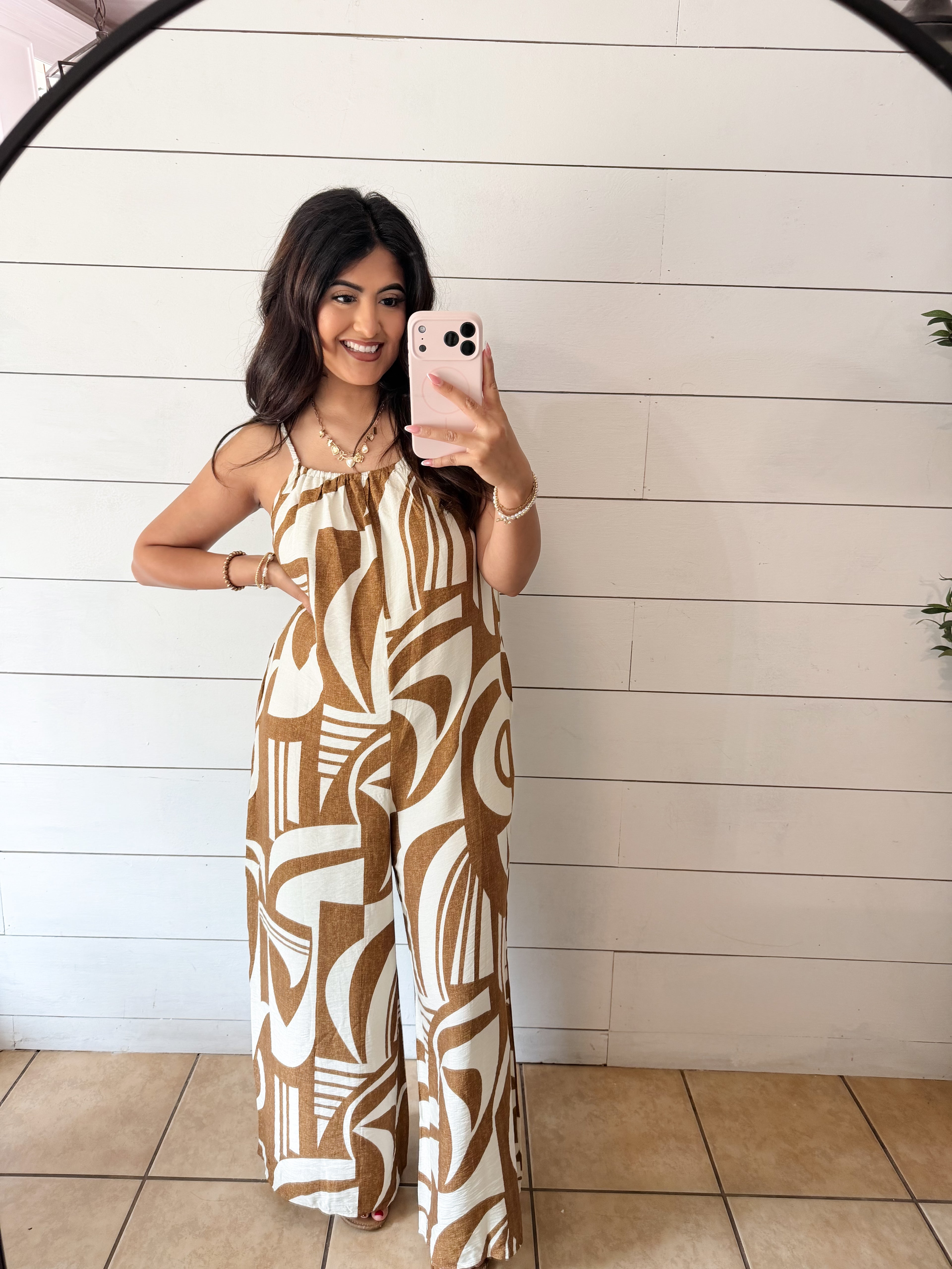 Woven print mocha jumpsuit