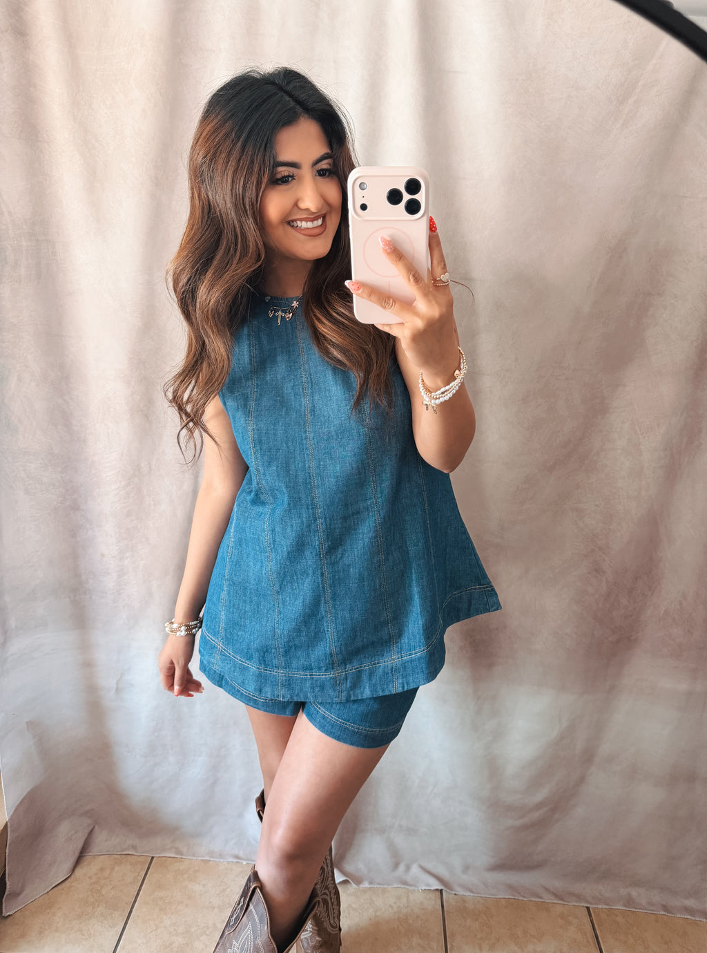 Denim Top & Shorts Set
