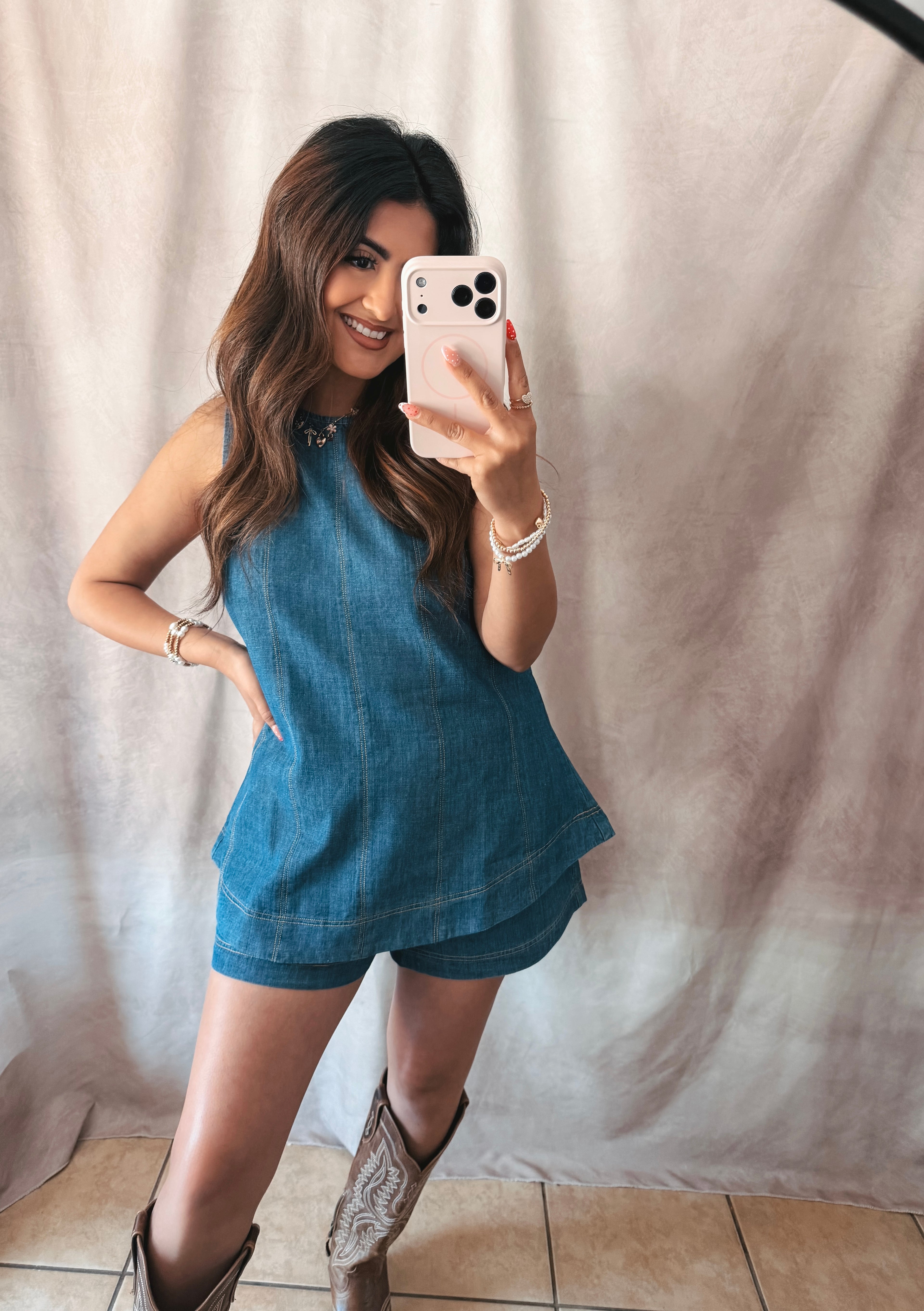 Denim Top & Shorts Set