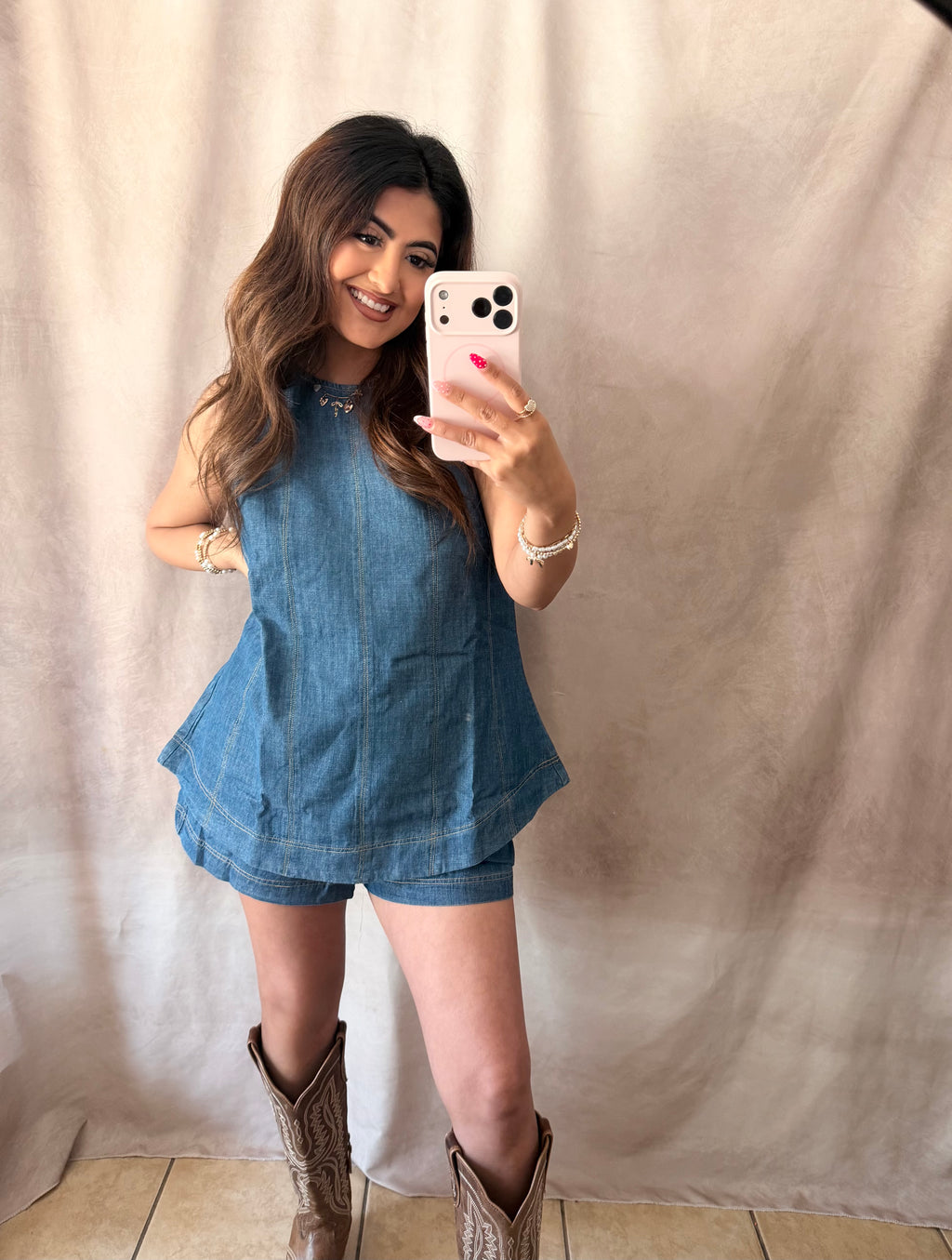 Denim Top & Shorts Set